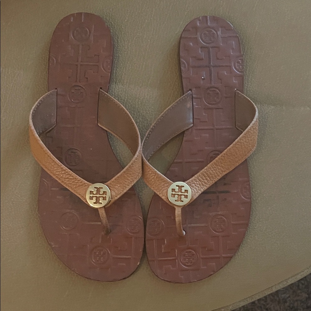 Tory Burch Tan Flip Flops with Gold Emblem